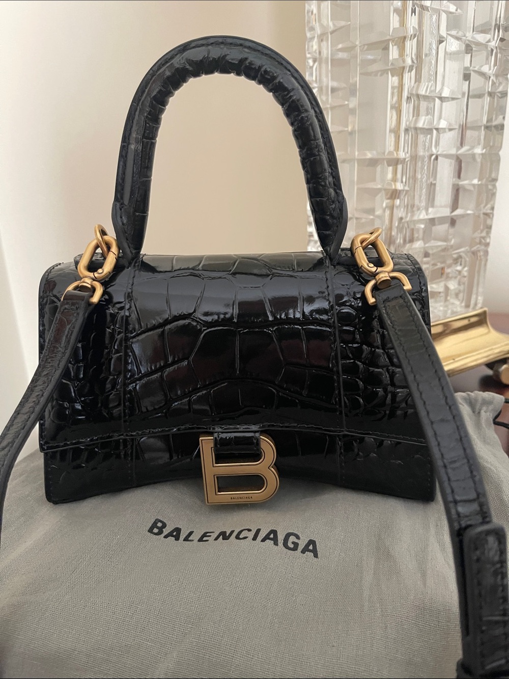 Balenciaga Black Croc Embossed Mini Hourglass Bag with Gold 'B' Accent